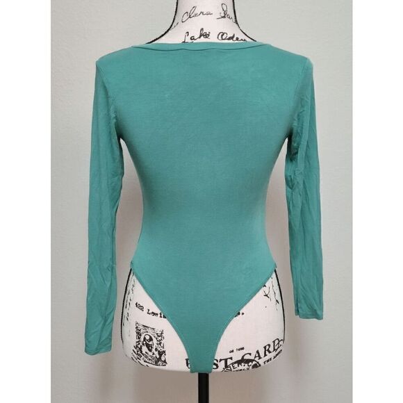 💚 JLUXLABEL Long Sleeve Deep V-Neck Green Snap Button Thong Bodysuit SIZE S - Picture 5 of 12